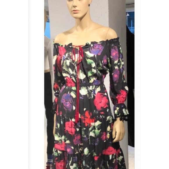 KikiRiki Off-The-Shoulder Sheer Floral Maxi Dress Black Red Size Medium NWT - Picture 4 of 4